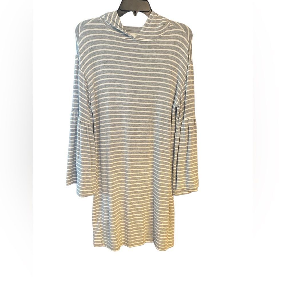 Lou & Grey Sz S Grey & White Stripe Cozy Flared Long Sleeves Hoodie Dress